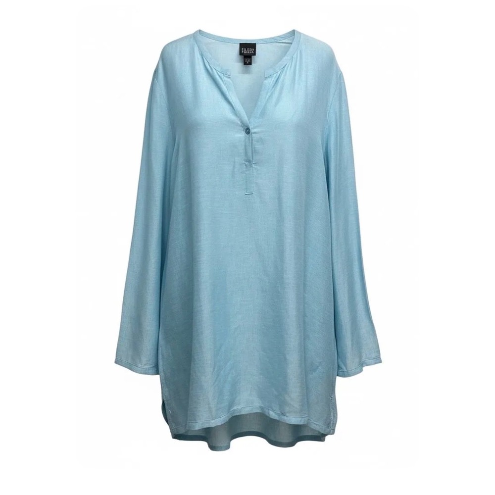 Eileen Fisher Linen Silk Blend Tunic Top Aqua Split V-Neck resort beach coastal